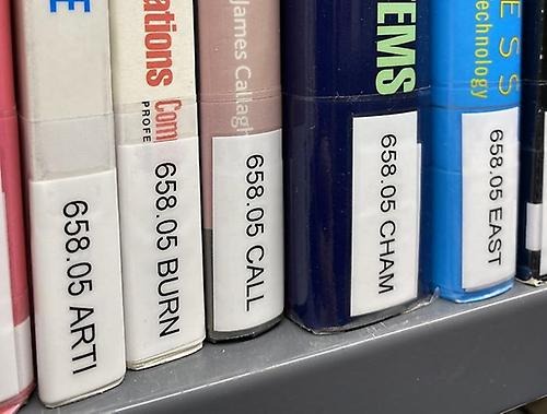 Books on a shelf. You can see the book spines with a white label and text on each book.